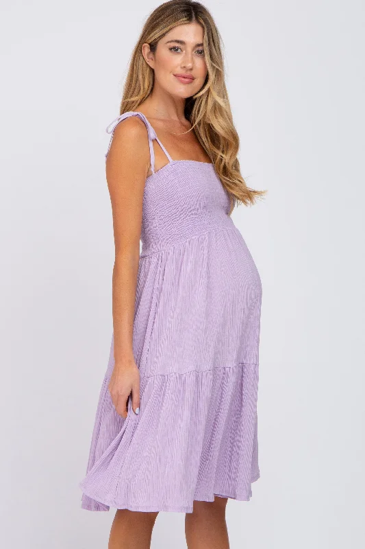 Lavender Smocked Shoulder Tie Maternity Dress