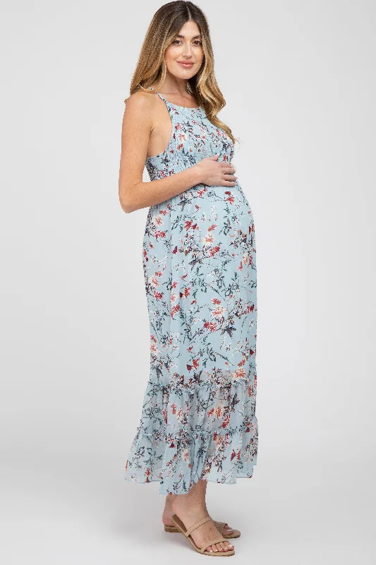 Light Blue Floral Chiffon Smocked Maternity Midi Dress