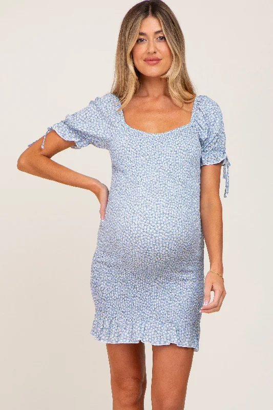 Light Blue Floral Smocked Short Puff Sleeve Maternity Mini Dress