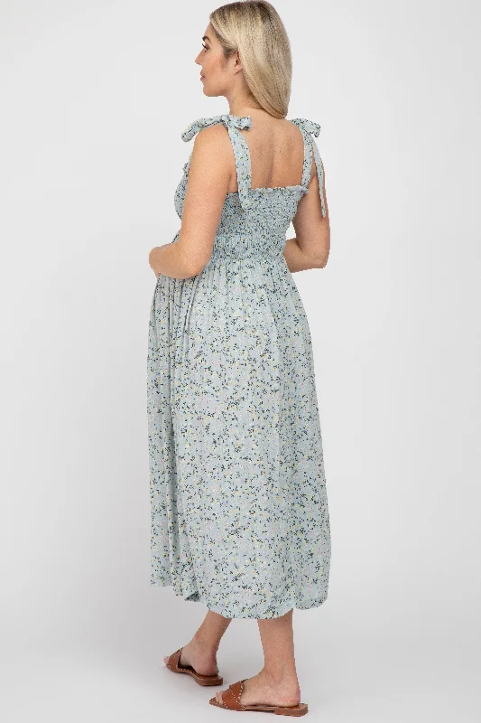 Light Blue Floral Smocked Tie Strap Maternity Midi Dress