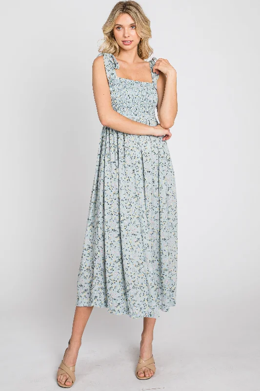 Light Blue Floral Smocked Tie Strap Maternity Midi Dress