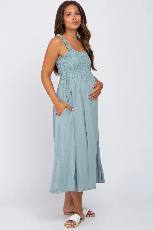 Light Blue Smocked Ruffle Strap Maternity Midi Dress