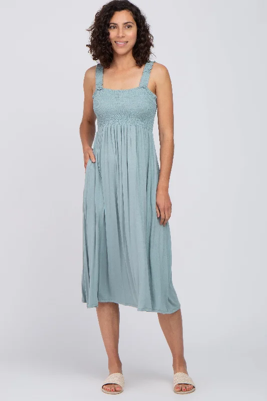 Light Blue Smocked Ruffle Strap Maternity Midi Dress