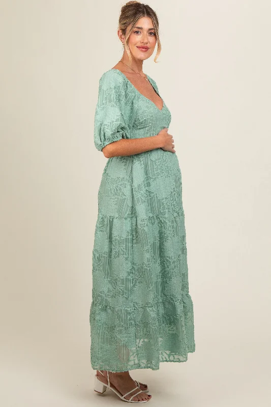 Light Olive Embroidered Leaf Print Striped Maternity Maxi Dress