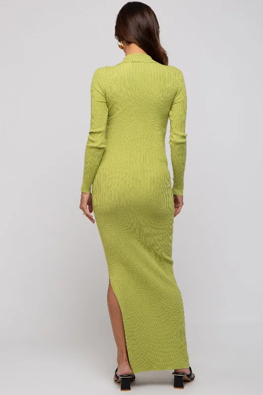 Lime Rib Knit Collared Maternity Maxi Dress