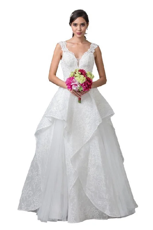 Long Sleeveless Off White Tiered Wedding Gown