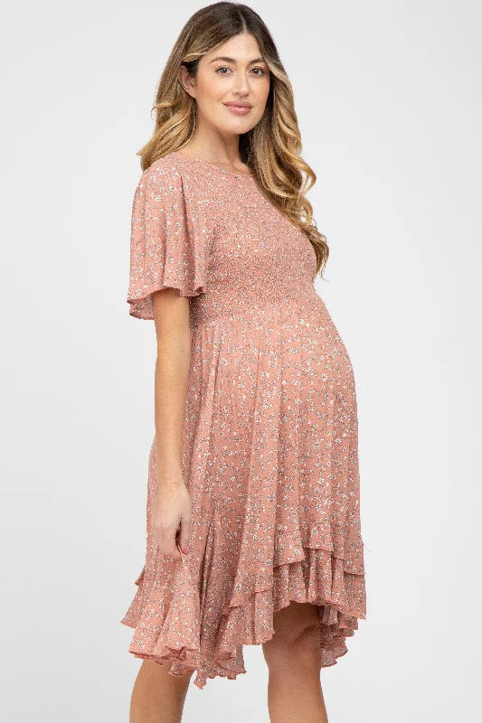 Mauve Floral Smocked Ruffle Maternity Dress