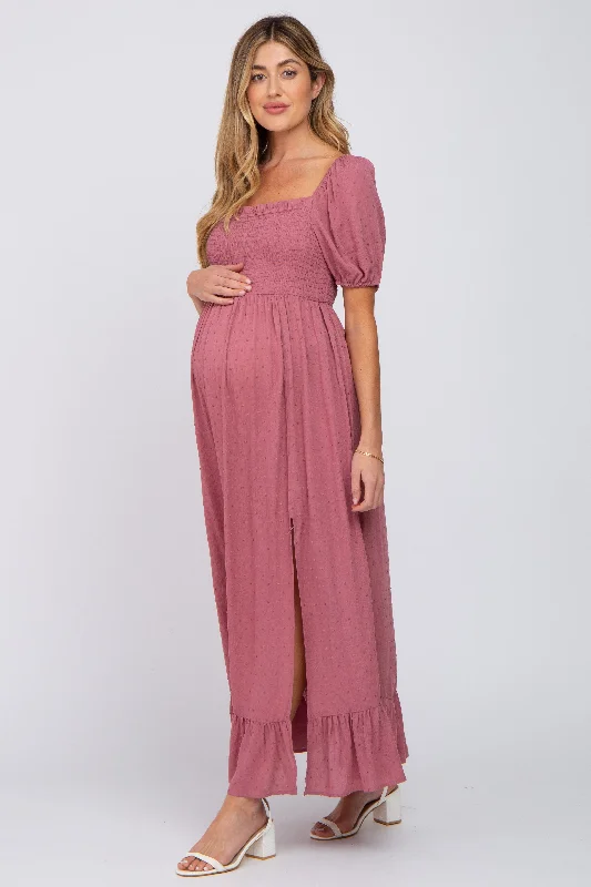 Mauve Swiss Dot Square Neck Smocked Maternity Maxi Dress