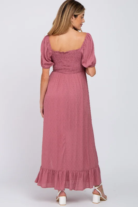 Mauve Swiss Dot Square Neck Smocked Maternity Maxi Dress