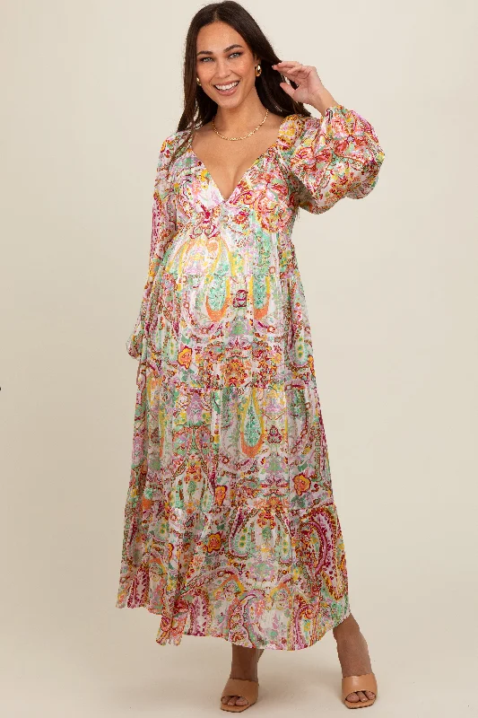 Multi-Color Floral Metallic Striped Tiered Long Puff Sleeve Maternity Maxi Dress