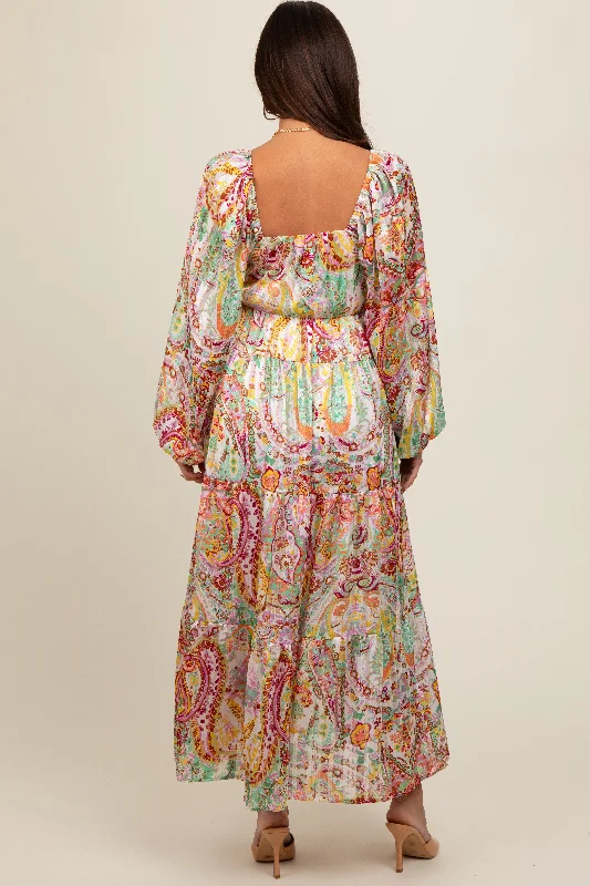 Multi-Color Floral Metallic Striped Tiered Long Puff Sleeve Maternity Maxi Dress