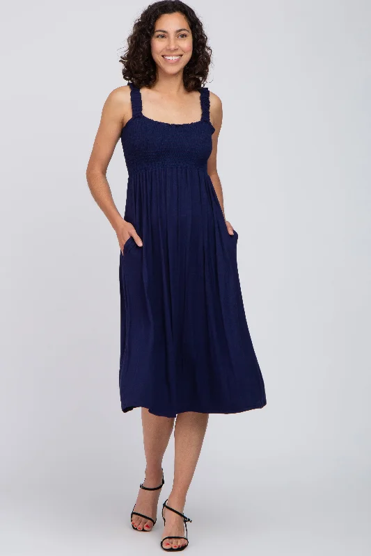 Navy Smocked Ruffle Strap Maternity Midi Dress