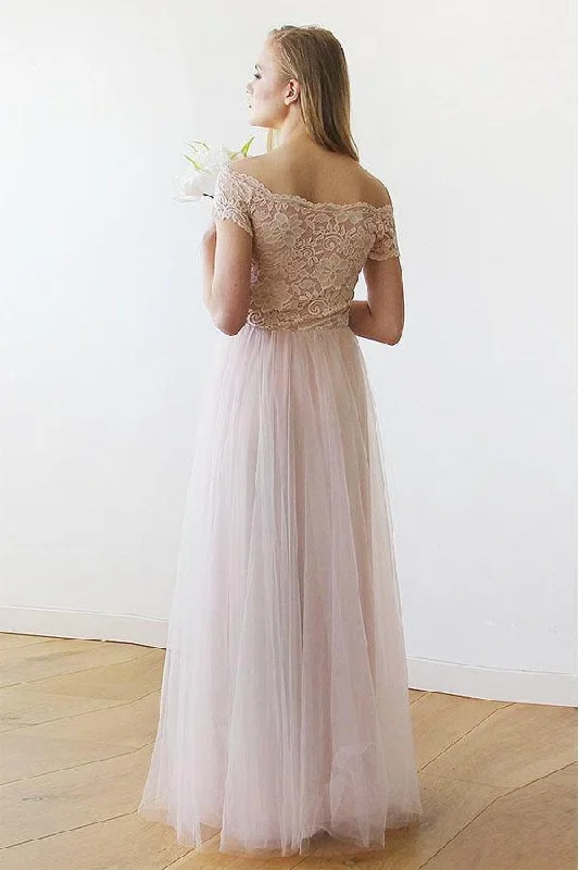 Off the Shoulder Pink Lace and Tulle Long Wedding Dress  WD234