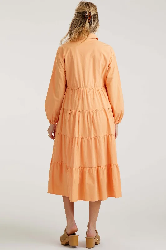 Peach Tiered Collared Maternity Midi Dress