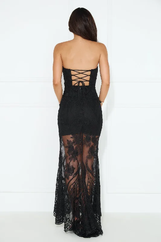 Piano In The Distance Strapless Lace Maxi Dress Black