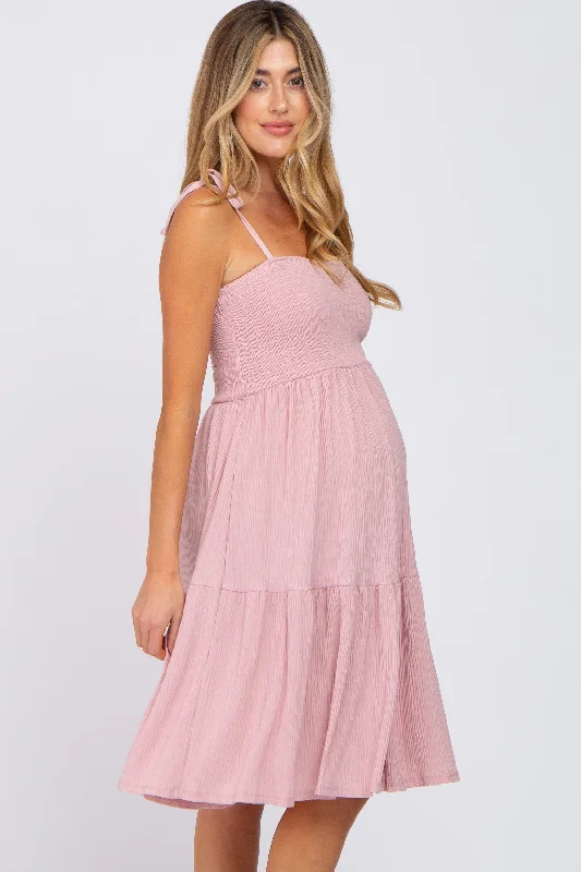 Pink Smocked Shoulder Tie Maternity Dress