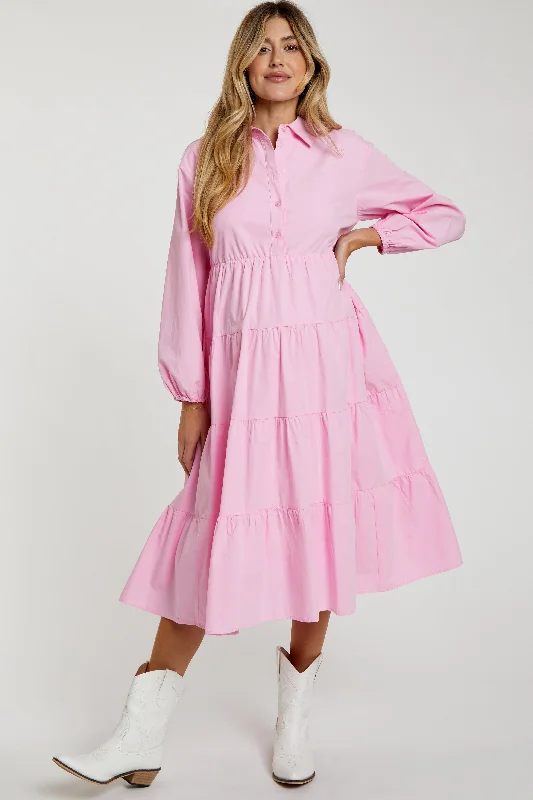 Pink Tiered Collared Maternity Midi Dress