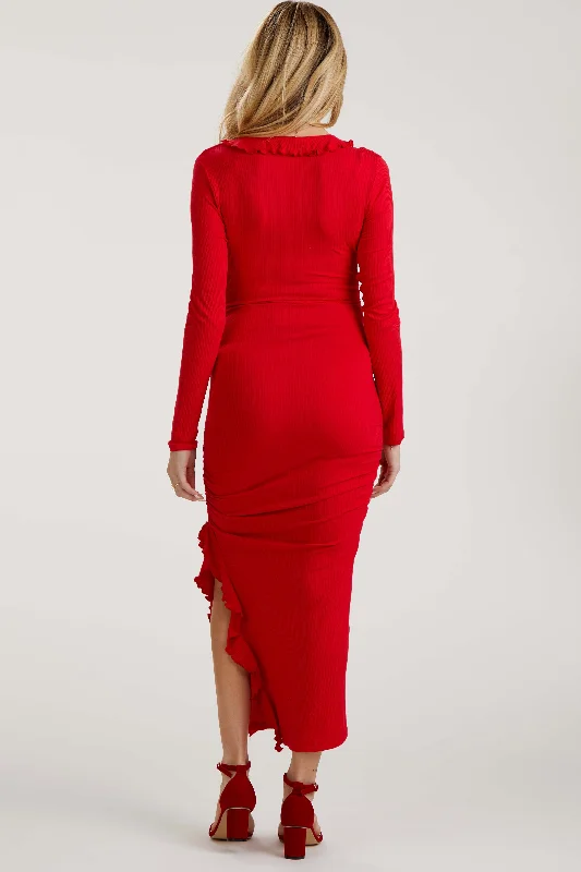 Red Ruffle Ruched Long Sleeve Maternity Maxi Dress