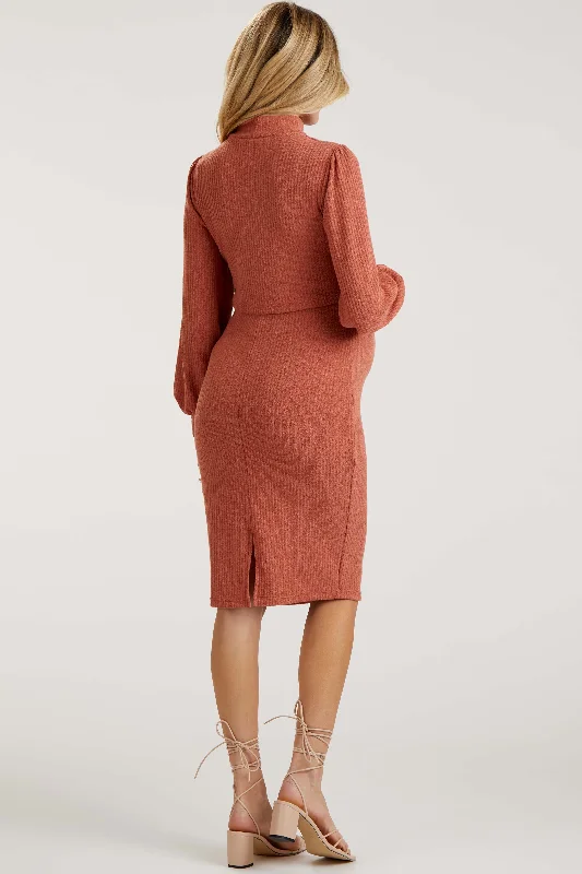 Rust Rib Knit Mock Neck Maternity Nursing Dress