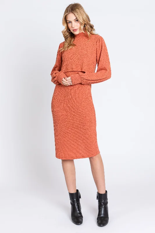 Rust Rib Knit Mock Neck Maternity Nursing Dress