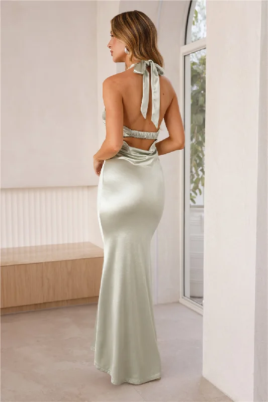 Sublime Sophistication Satin Halter Maxi Dress Sage