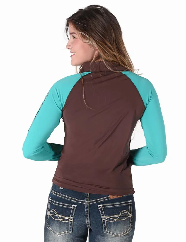 Cowgirl Tuff Womens UPF Quarter Zip Brown/Turquoise Nylon Softshell Jacket