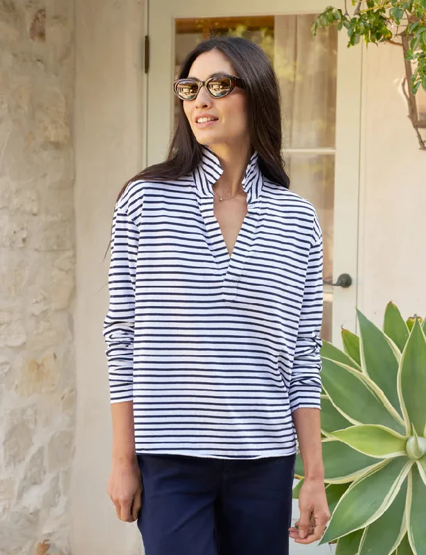 Patrick Heritage Jersey Popover Henley in Navy French Stripe