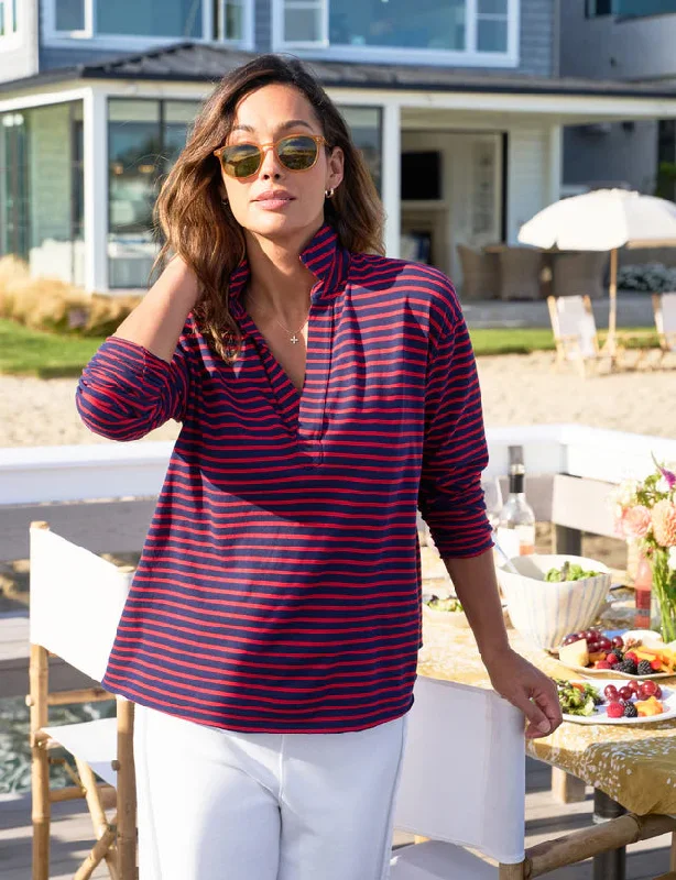 Patrick Heritage Jersey Popover Henley in Red and Navy French Stripe