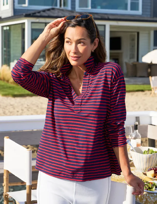 Patrick Heritage Jersey Popover Henley in Red and Navy French Stripe