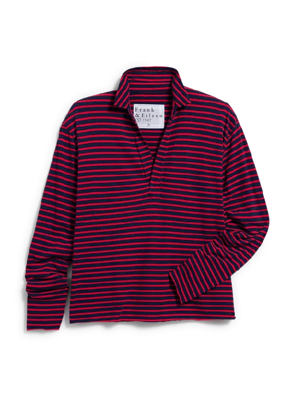 Patrick Heritage Jersey Popover Henley in Red and Navy French Stripe