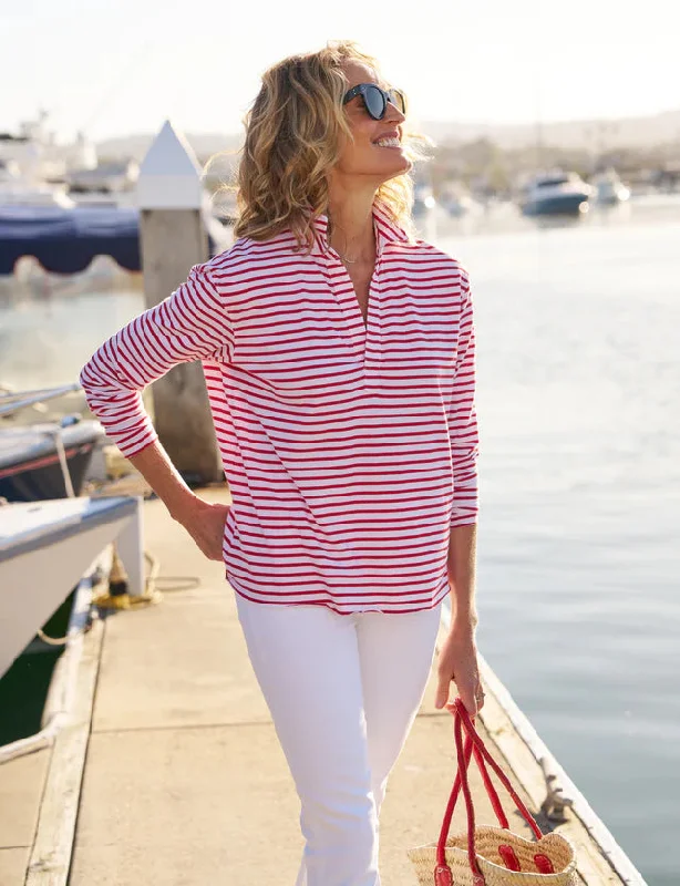 Patrick Heritage Jersey Popover Henley in Red French Stripe