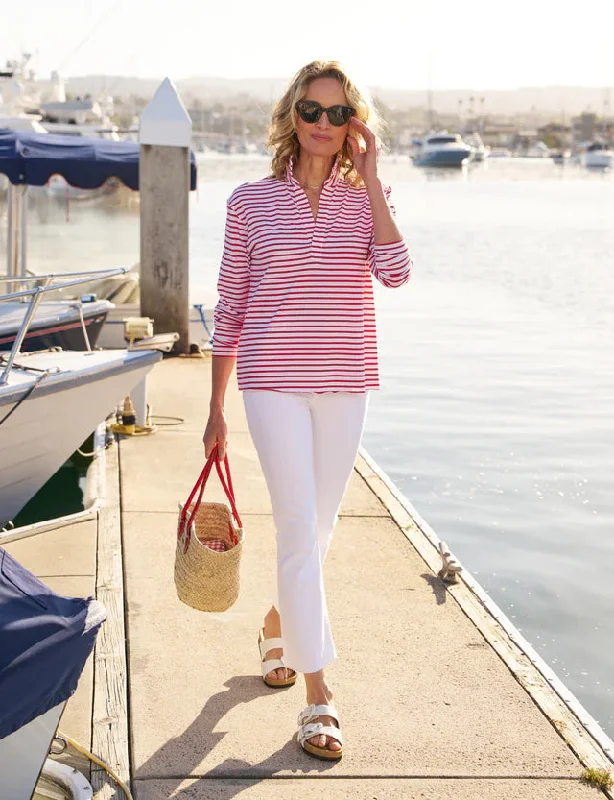 Patrick Heritage Jersey Popover Henley in Red French Stripe