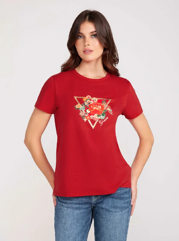 Red Short Sleeve Flower Logo Easy T-Shirt