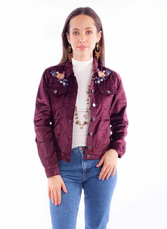 Scully Womens Embroidered Velvet Burgundy Cotton Blend Cotton Jacket