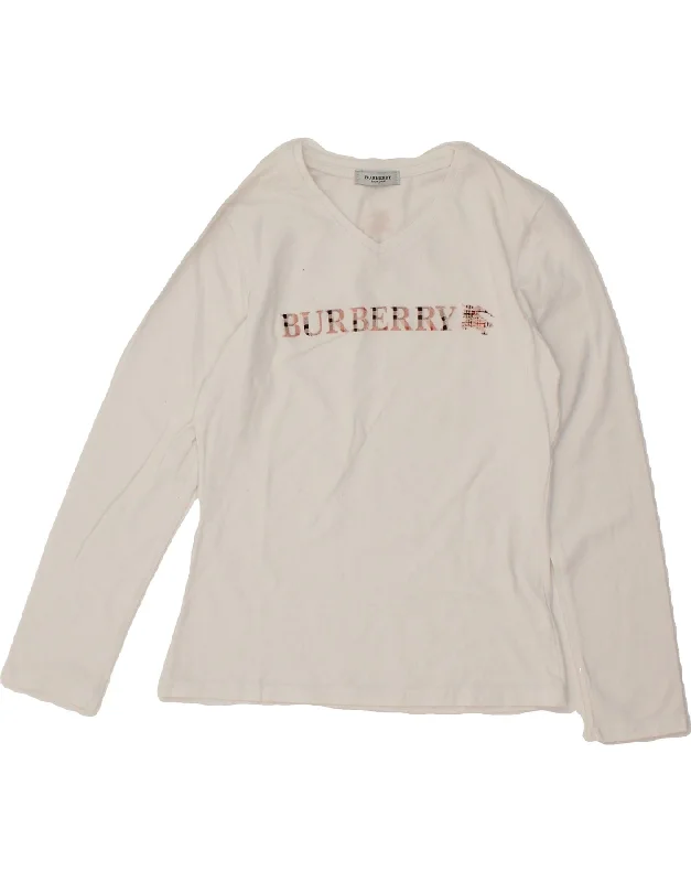 BURBERRY Girls Graphic Top Long Sleeve 10-11 Years Large  White Cotton