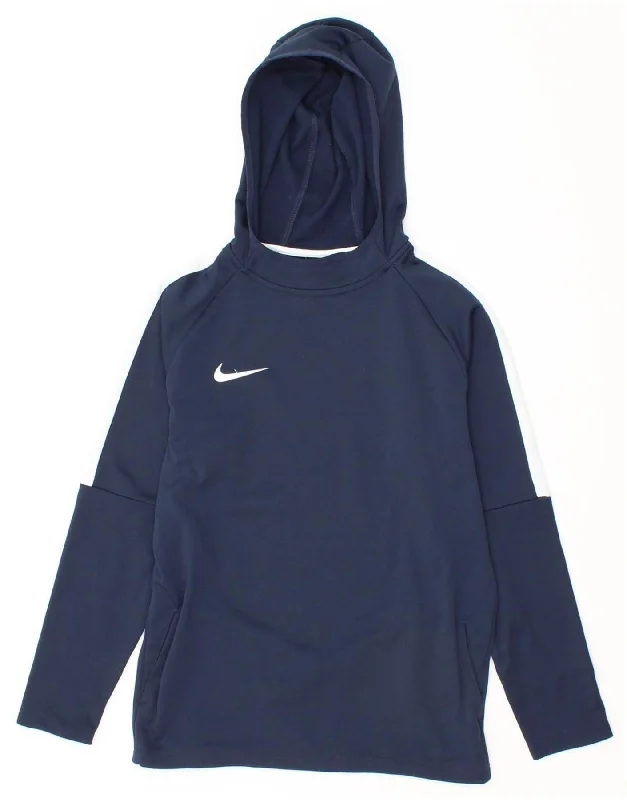 NIKE Boys Dri Fit Hoodie Jumper 12-13 Years Large Navy Blue Polyester