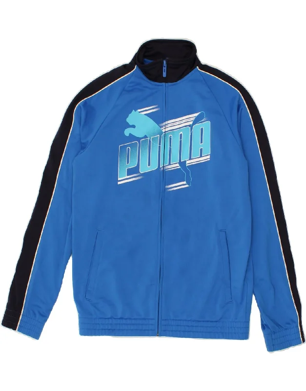 PUMA Boys Graphic Tracksuit Top Jacket 13-14 Years XL Blue Colourblock