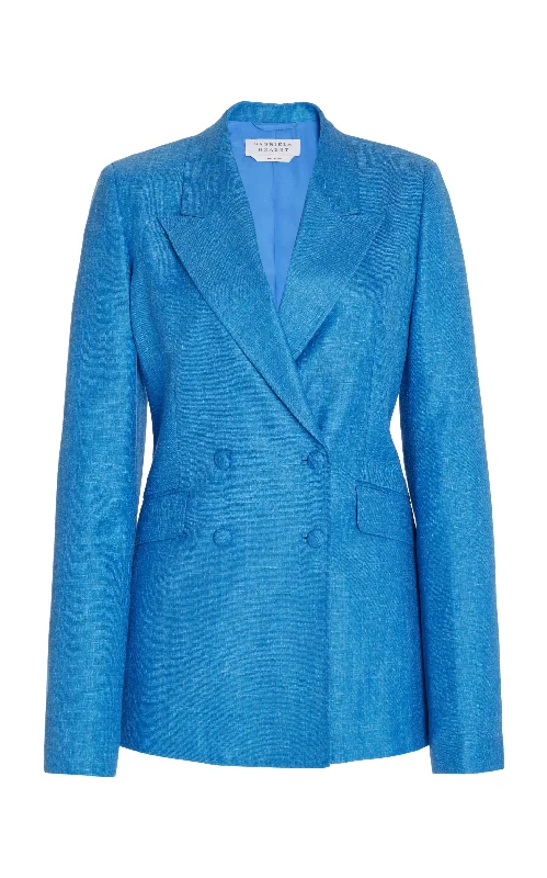 Stephanie Blazer in Aventurine Blue Virgin Wool and Silk Linen Twill