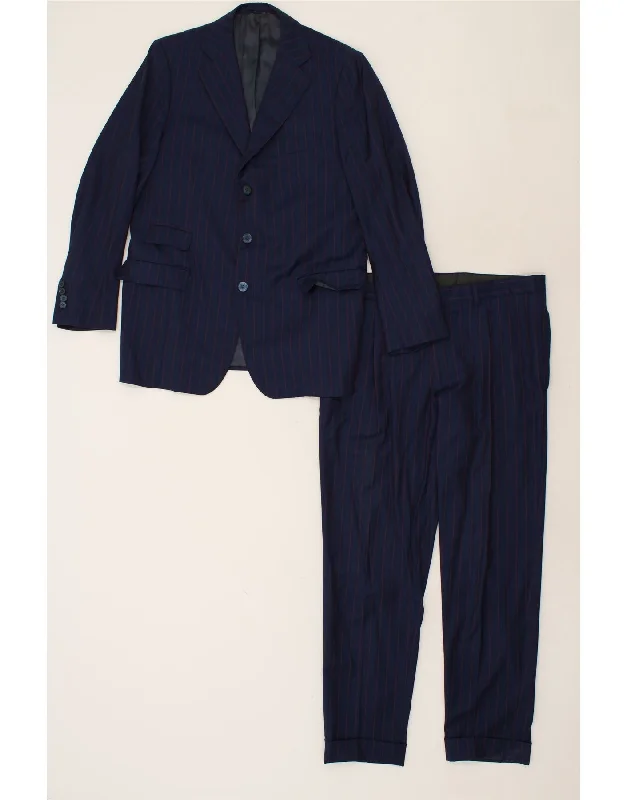 VINTAGE Mens 3 Button 2 Piece Suit UK 38 Medium W36 L30 Navy Blue Striped