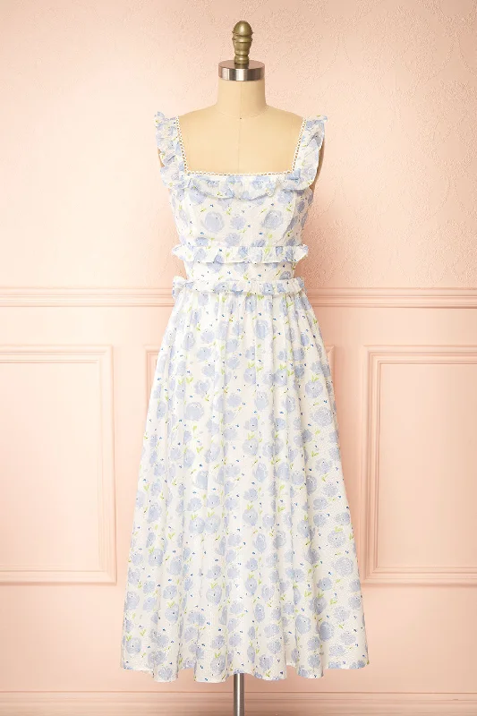 Aisha | Long White Dress w/ Blue Floral Pattern