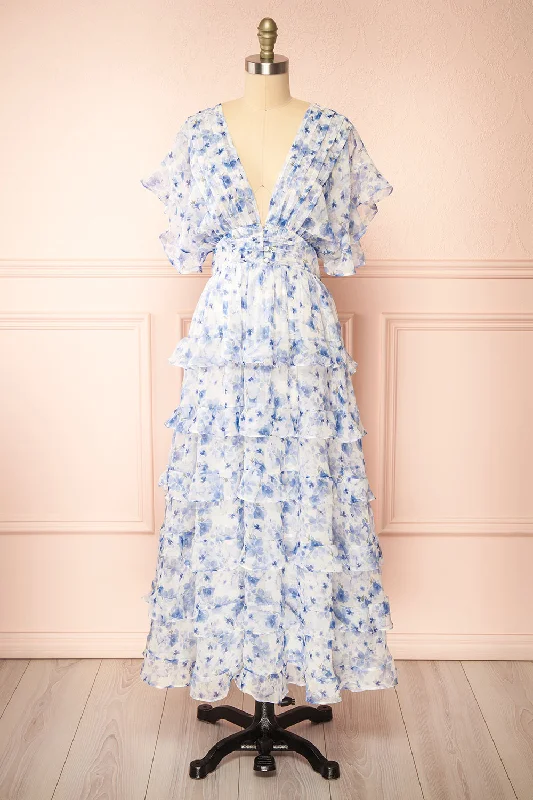 Aveline Blue | Floral Maxi Dress w/ Ruffles