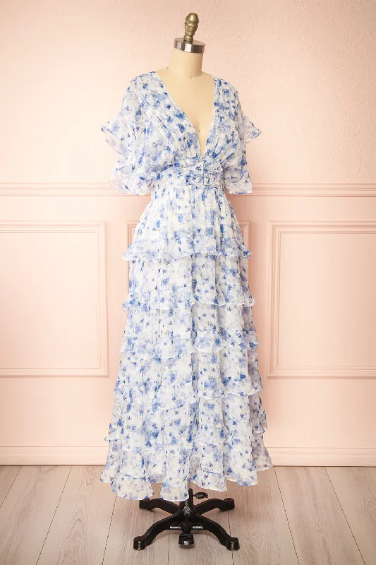 Aveline Blue | Floral Maxi Dress w/ Ruffles