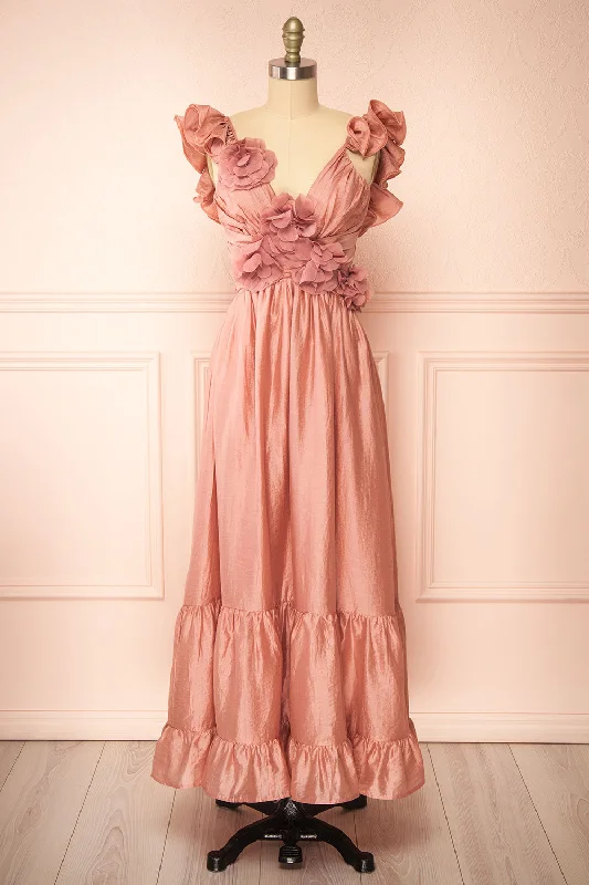 Binnie | Long Pink Dress w/ 3D Flowers