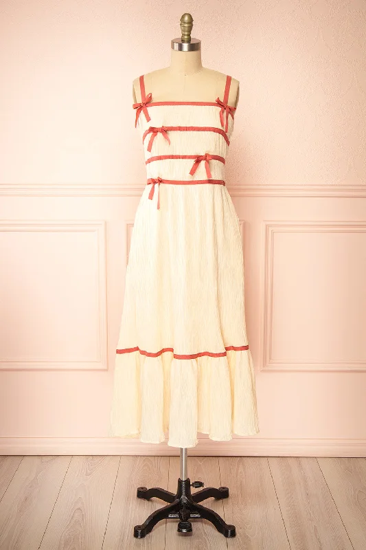 Dixie Beige | Pleated Midi Dress w/ Pink Bows