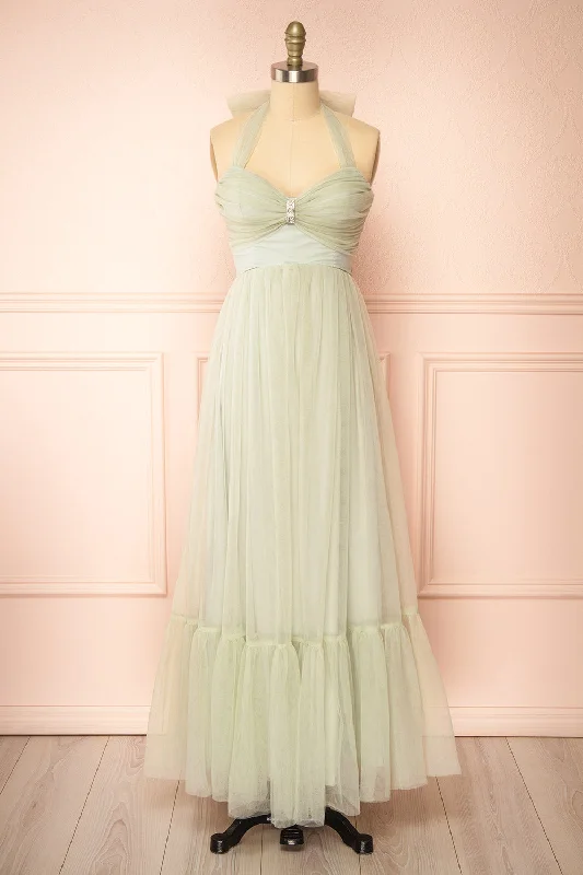 Emberly | Sage Tulle Dress w/ Halter Neck