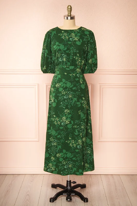 Emirida | Long Dark Green Floral Dress