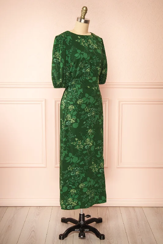 Emirida | Long Dark Green Floral Dress