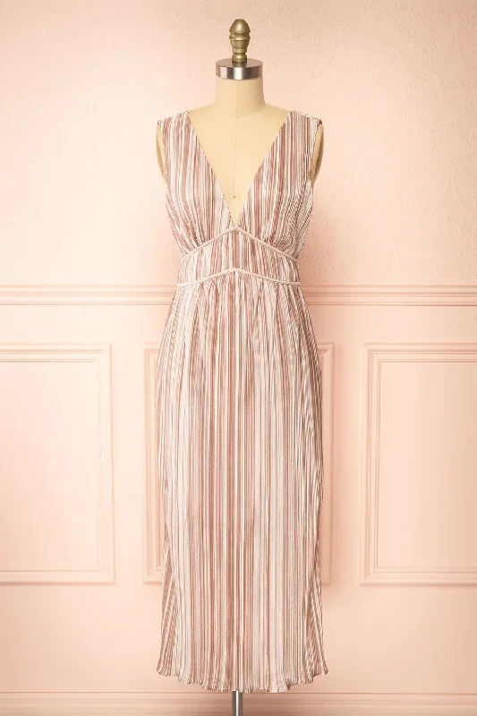 Gloriane | Pleated Beige Multi-Tone Dress w/ Slit