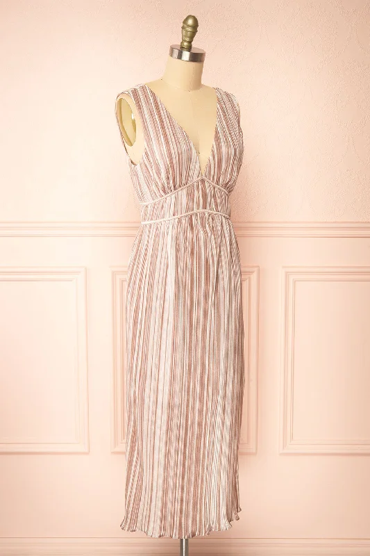 Gloriane | Pleated Beige Multi-Tone Dress w/ Slit