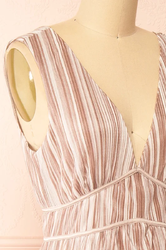 Gloriane | Pleated Beige Multi-Tone Dress w/ Slit